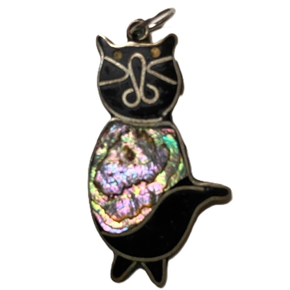Vintage Abalone Alpaca (Mexican Silver) and inlaid Enamel Cat Kitty Pendant